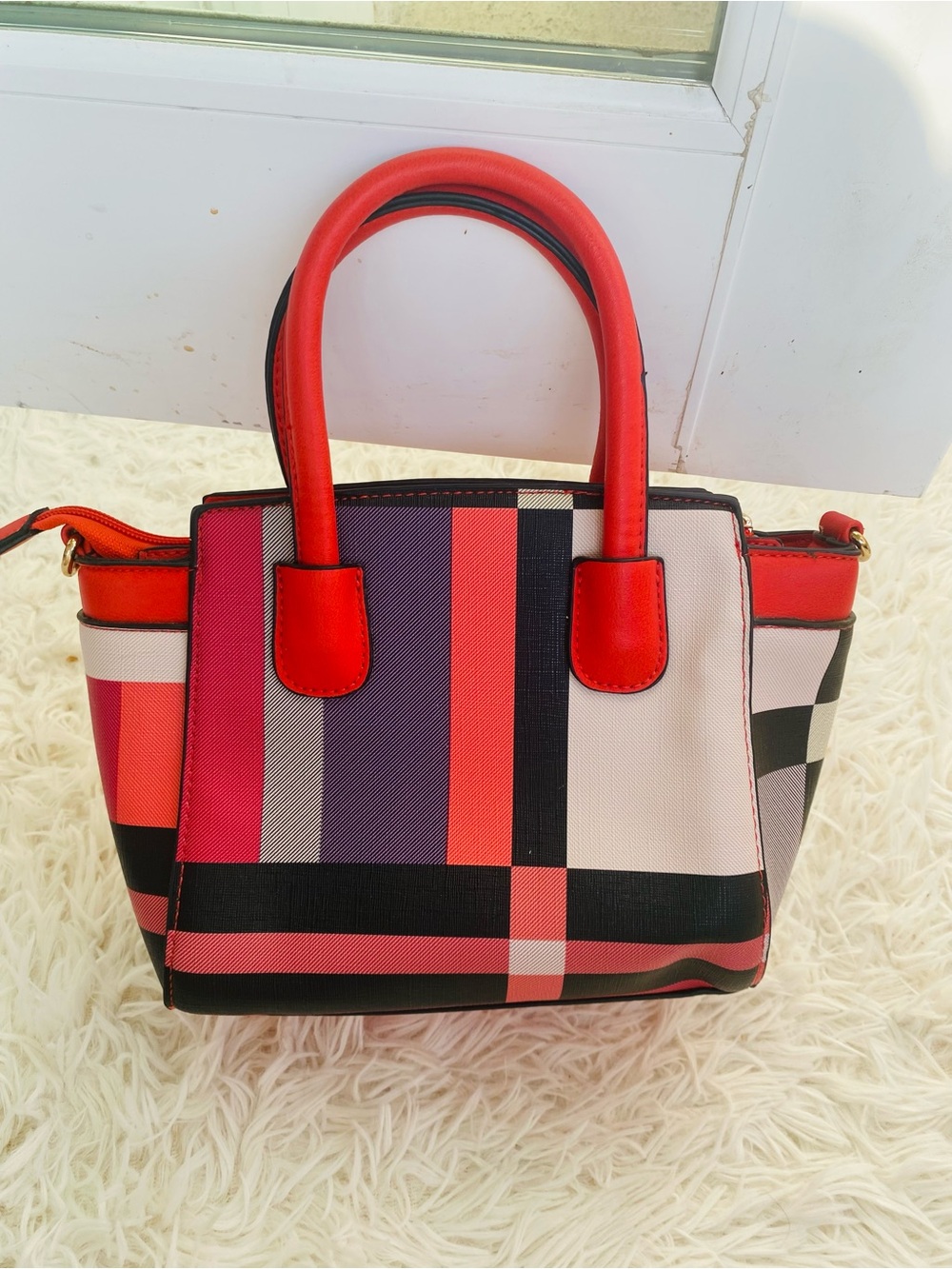 Coral Red Plaid Structured Satchel Crossbody Top Handle Handbag Purse - Picture 12 of 13